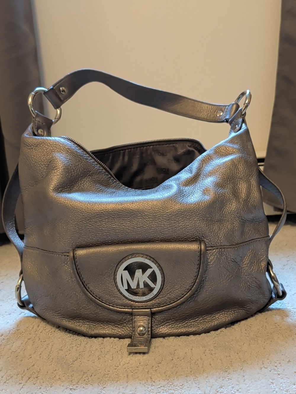 Michael Kors Metallic Pewter Pebbled Leather Hobo Shoulder Bag